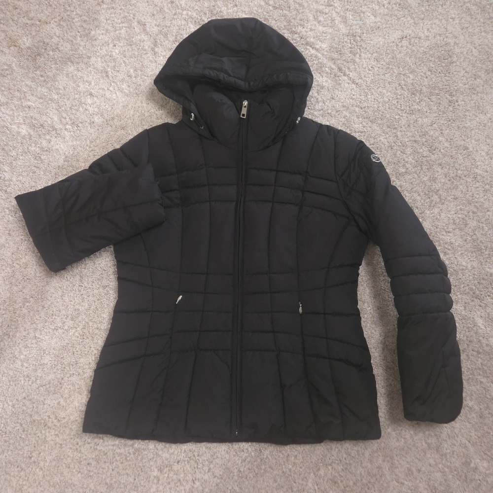 Calvin Klein Jacket Womens M Black Hooded Puffer Quilted Faux Fur Lined Coat